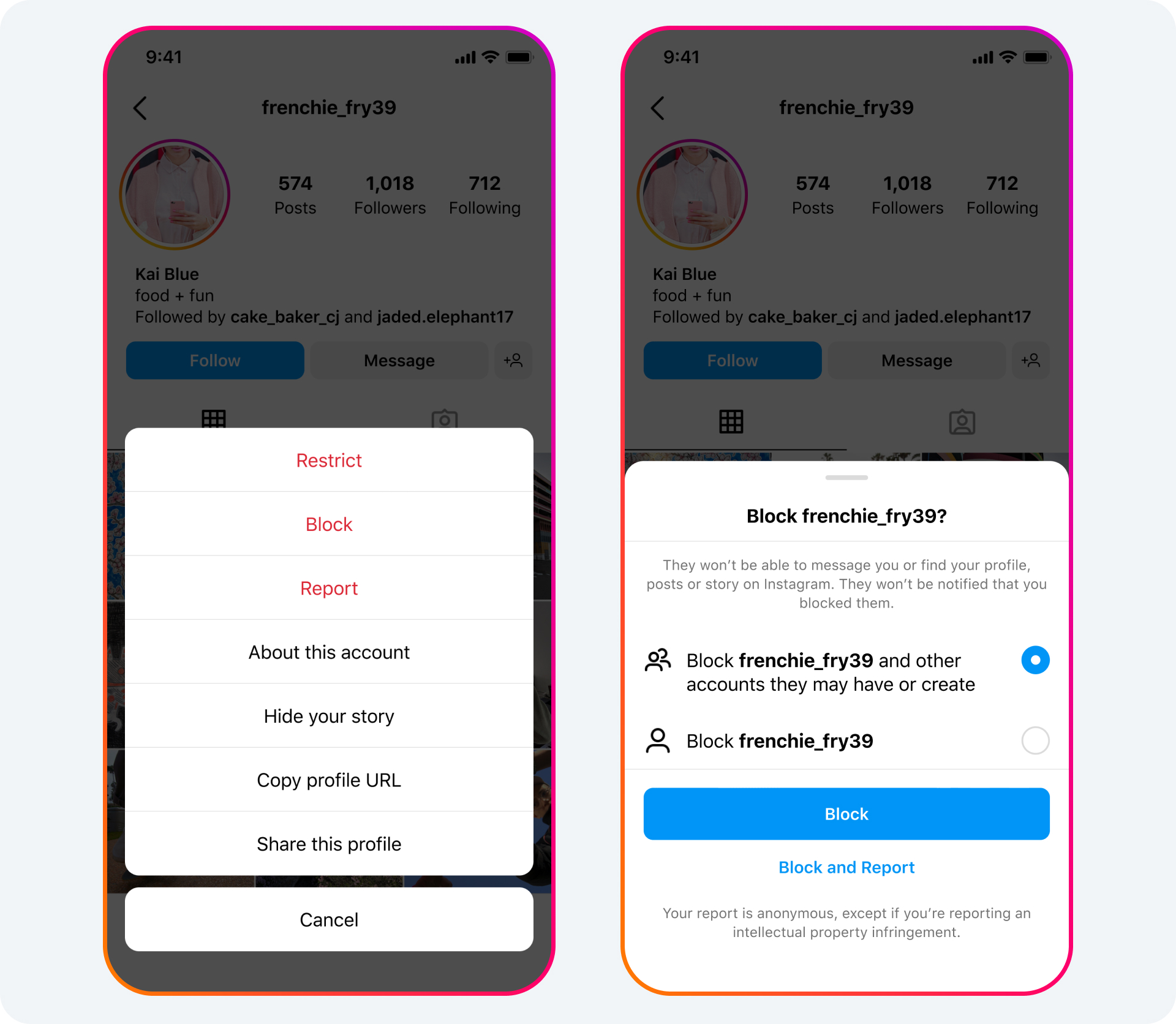 The Instagram user interface for blocking someone.